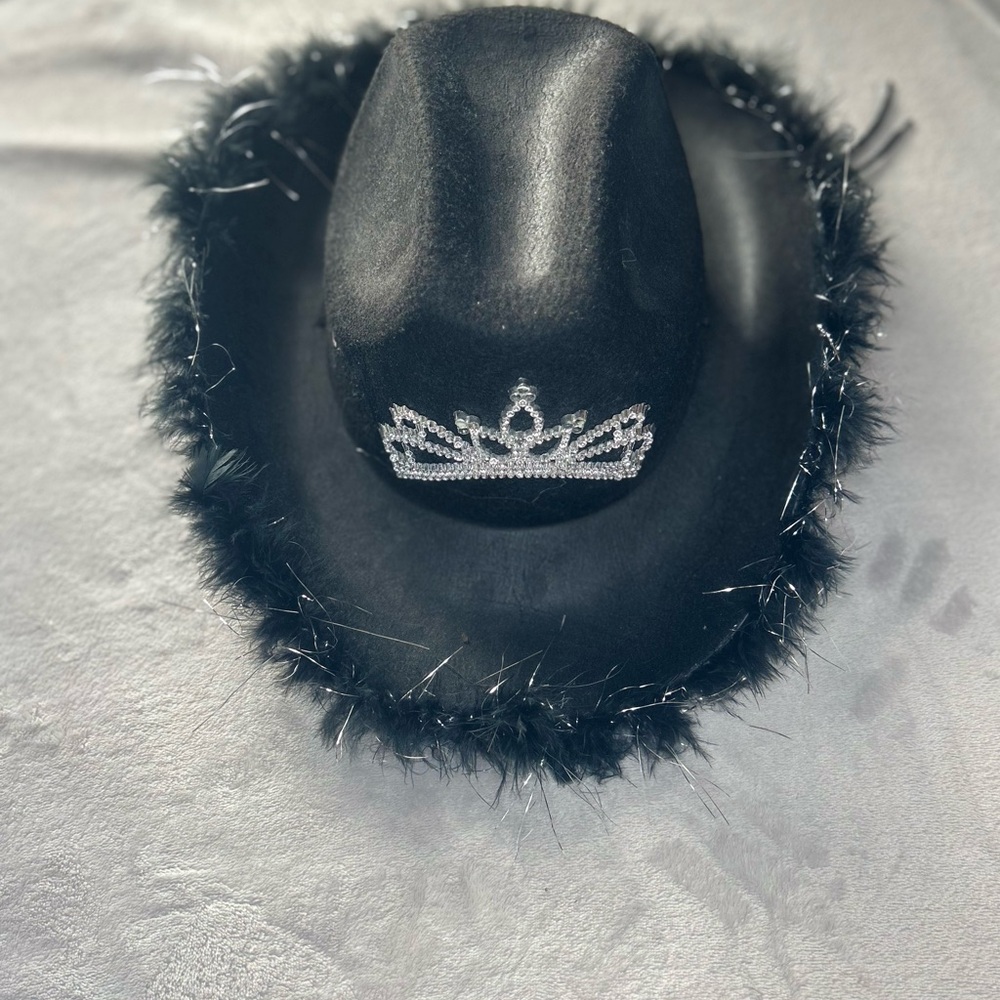 Cowboy Hat Black Feathered with Silver Crown Detail